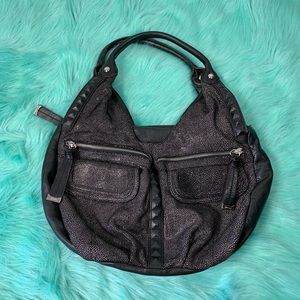 B. Makowsky Black Metallic Leather Bag Purse Moon